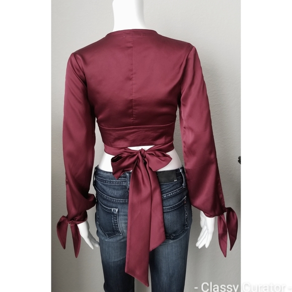 NWT Small LAST ONE wine bow wrap satin crop blouse - Picture 6 of 7
